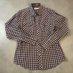 Tecovas Plaid Pearl Snap Western Shirt Mens Medium Blue Red Tan Cotton Cowboy